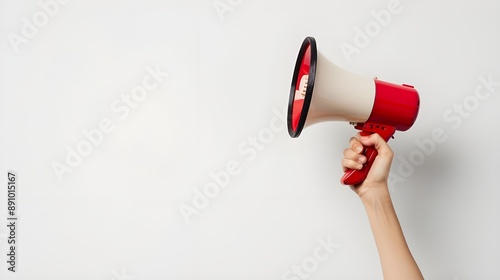 Female hand holding a megaphone on a white background.