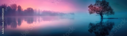 A tree is reflected in the water of a lake. The sky is orange and the water is foggy