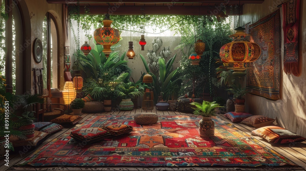 A bohemian-inspired dining room with eclectic decor, colorful rugs, floor cushions, and low-hanging lanterns. A bohemian-inspired dining room with eclectic decor, colorful rugs, floor cushions, and low-hanging lanterns.