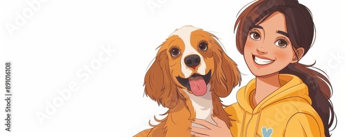 A Cocker Spaniel with a volunteer in a shelter, cartoon style, bright and caring, isolated on white background