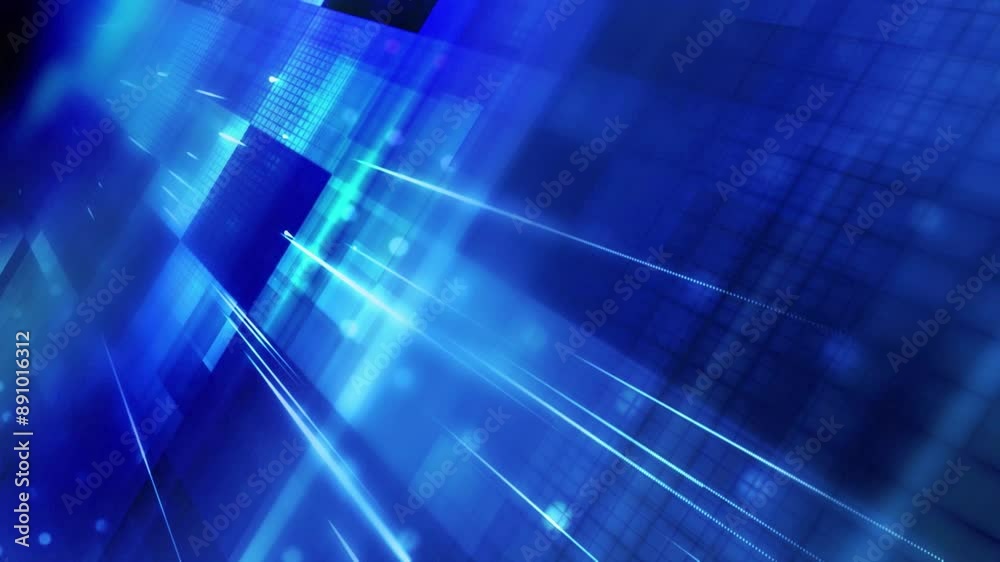 A dark room with blue lines on the walls and a bright light coming from above. It looks like a technological space or science lab A dark room with blue lines on the walls and a bright light coming from above. It looks like a technological space or science lab