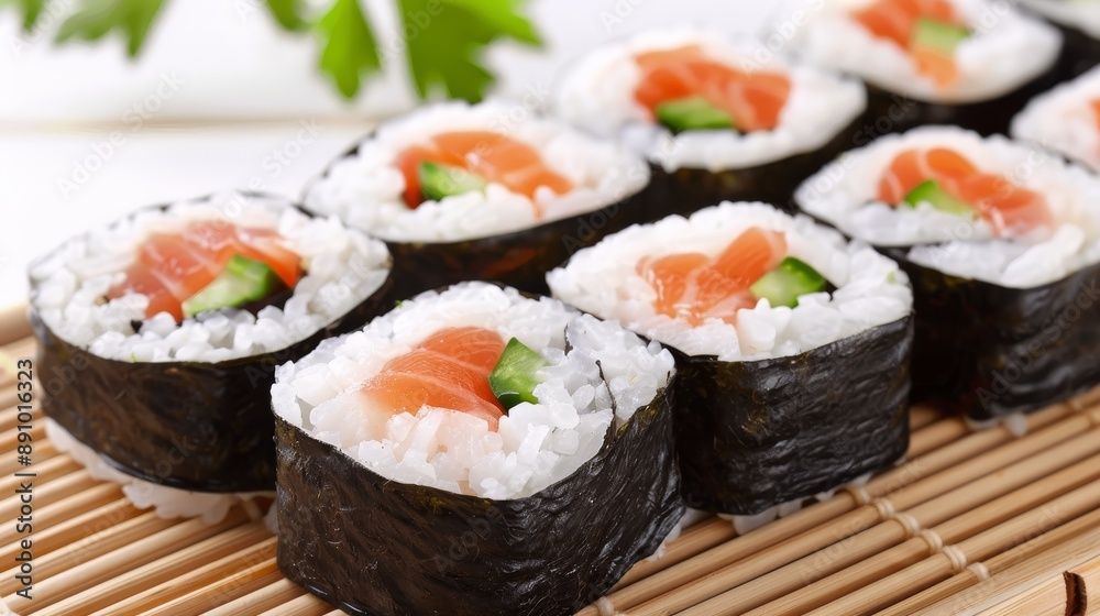 Perfect alignment of sushi rolls on a bamboo mat, each piece crafted with precision, showcasing the artistry and attention to detail in Japanese cuisine Perfect alignment of sushi rolls on a bamboo mat, each piece crafted with precision, showcasing the artistry and attention to detail in Japanese cuisine