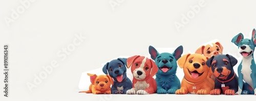 A group of dogs in an animal shelter, cartoon style, bright colors, isolated on white background