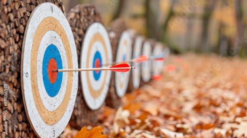 Row of archery targets with arrows in the bullseye, surrounded by autumn leaves photo