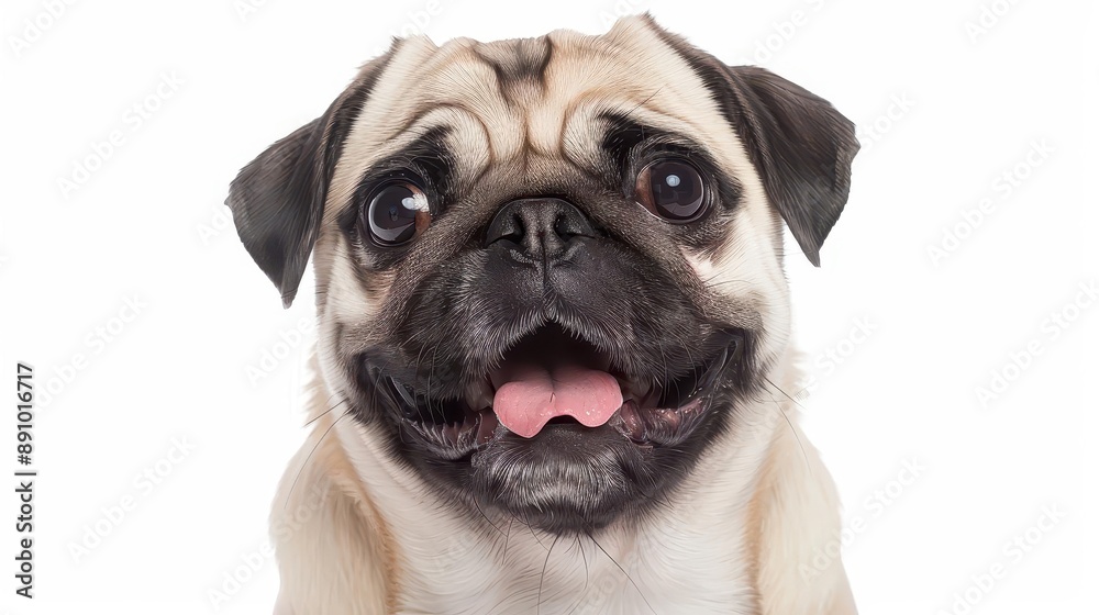 A Pug with a happy expression after grooming, digital illustration, bright and lively, isolated on white background A Pug with a happy expression after grooming, digital illustration, bright and lively, isolated on white background