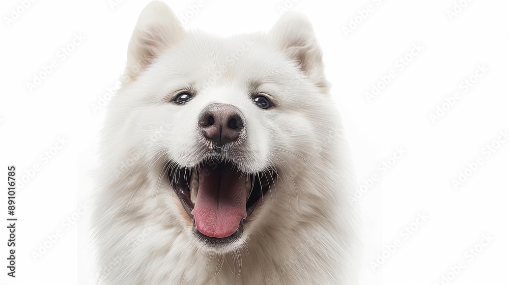 A Samoyed with a big smile, photorealistic, bright and happy, isolated on white background A Samoyed with a big smile, photorealistic, bright and happy, isolated on white background