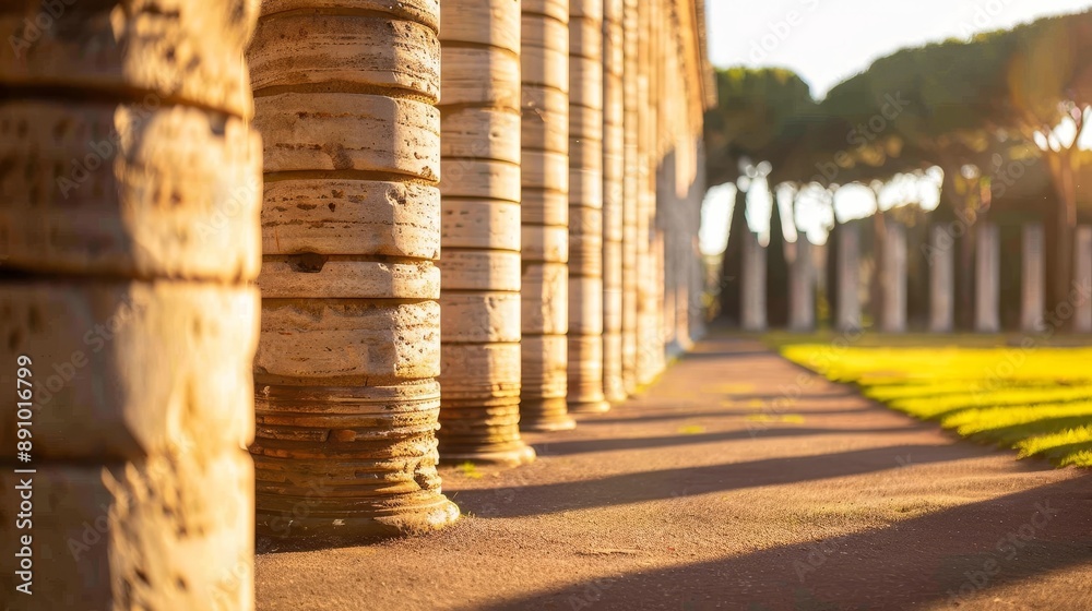 Obraz premium Series of ancient Roman columns, aligned perfectly in a historical site, bathed in the golden hour light, each column telling a story of the past