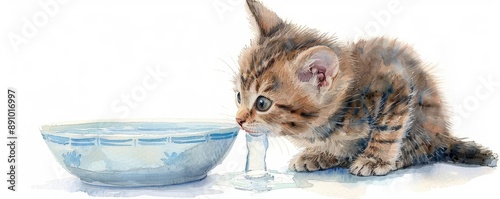 A tabby kitten drinking water from a bowl, watercolor illustration, soft pastels, isolated on white background