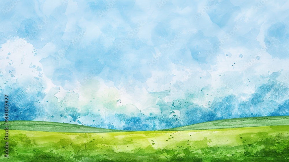 Obraz premium watercolor illustration of a blue sky and green ground landscape, invitation cards and background