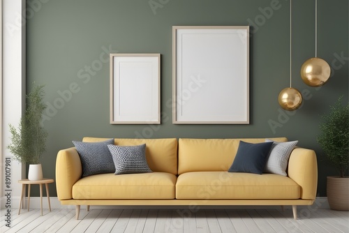 two blank frames posters in green living room with yellow sofa.