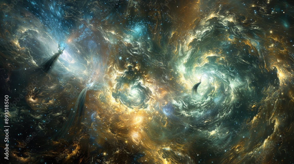 Obraz premium Ethereal beings of light and darkness engaged in a celestial dance within an astral plane of swirling galaxies and nebulae.