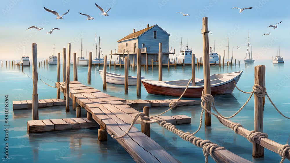 A peaceful seascape with a wooden dock extending into the calm water, surrounded by boats and a house on stilts. A peaceful seascape with a wooden dock extending into the calm water, surrounded by boats and a house on stilts.