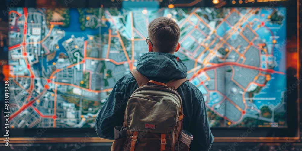 Tourist looking at a large map of the airport Tourist looking at a large map of the airport
