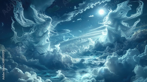 Ethereal entities of dream and nightmare engaged in a surreal conflict within a realm of drifting clouds and moonlit waters.