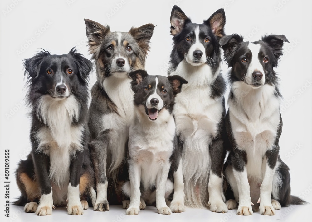 Adorable border collies in various poses, including sitting and standing, showcasing their unique personalities, isolated on a clean white background as transparent PNG files.