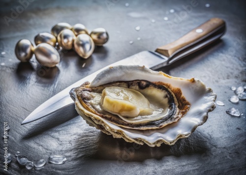 Fresh oyster lies open on a stainless steel counter, its pearly interior exposed, as a sharp chef's knife rests alongside, highlighting seafood preparation skill photo