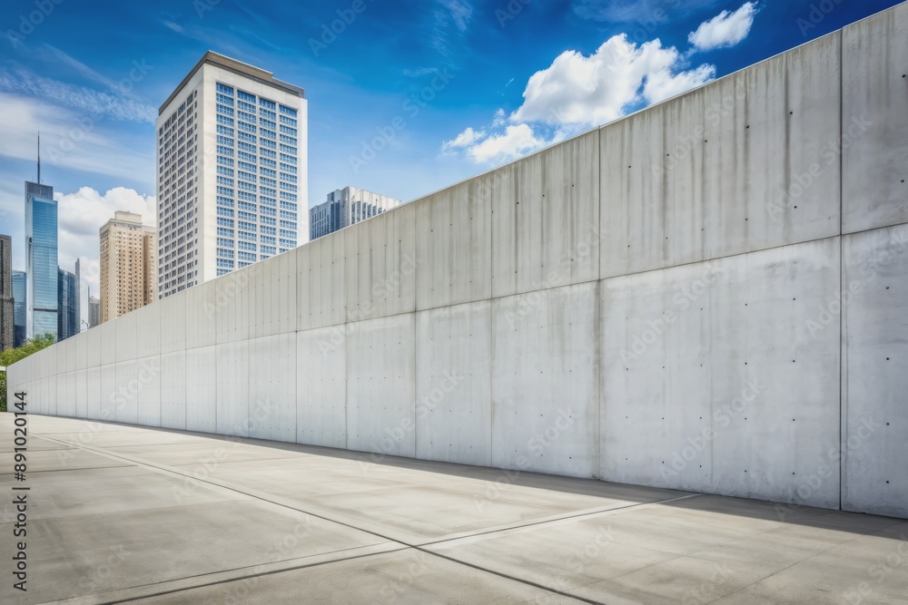 Fototapeta premium Urban city street scene with a long, clean, and smooth concrete wall covered in white plaster, providing ample copy space for text or design overlays.