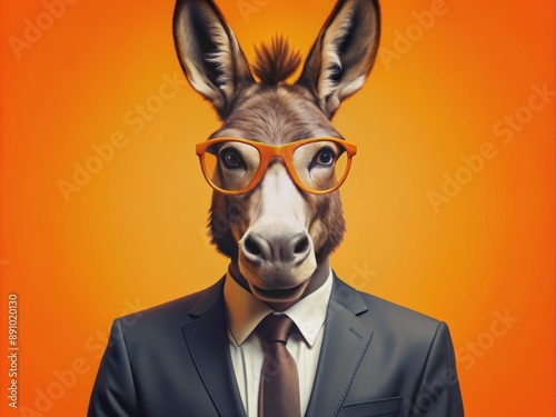 Vibrant orange background showcases a stylish, imposing anthropomorphic donkey dressed in a suit, wearing glasses, exuding confidence and sophistication in a funny pop art illustration. photo