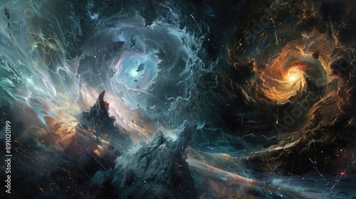 Ethereal phantoms of time and space locked in a surreal conflict within an interdimensional rift filled with swirling temporal currents and spatial anomalies. photo