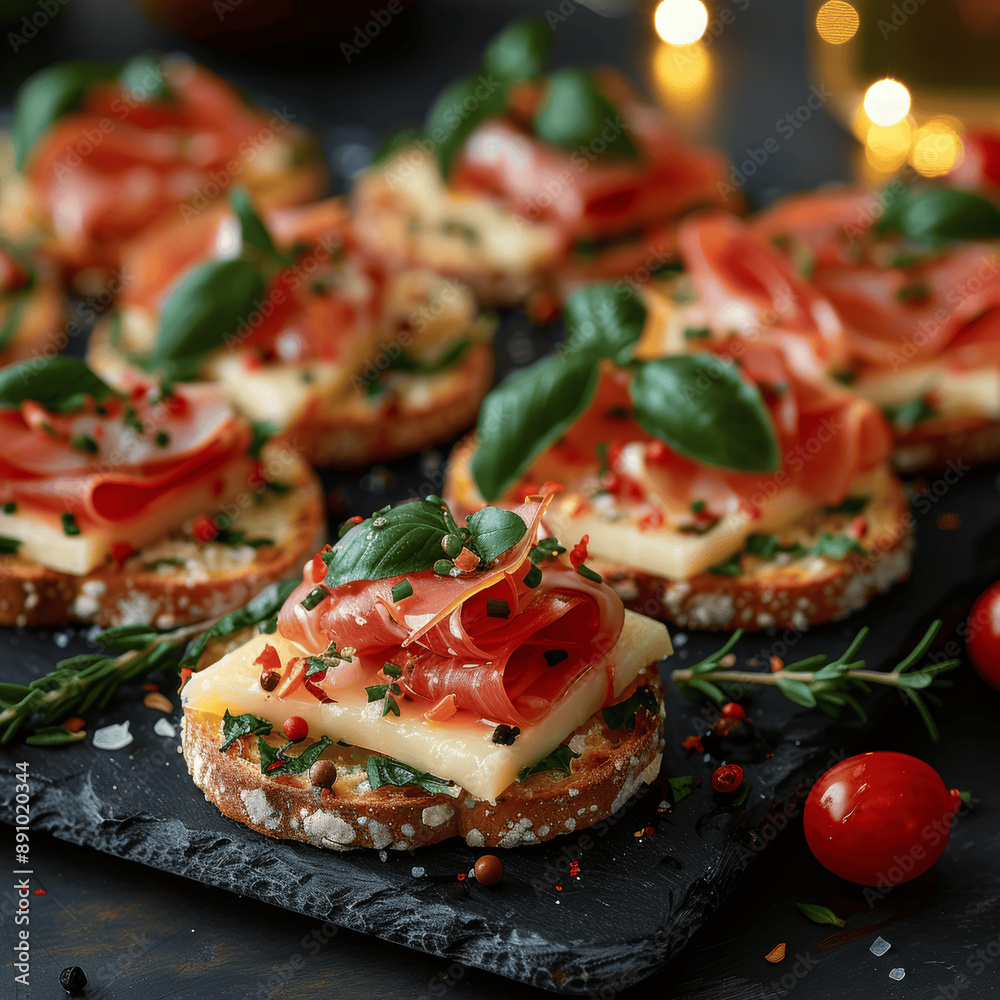 gourmet canape with prosciutto and cheese on dark background with bokeh lights gourmet canape with prosciutto and cheese on dark background with bokeh lights