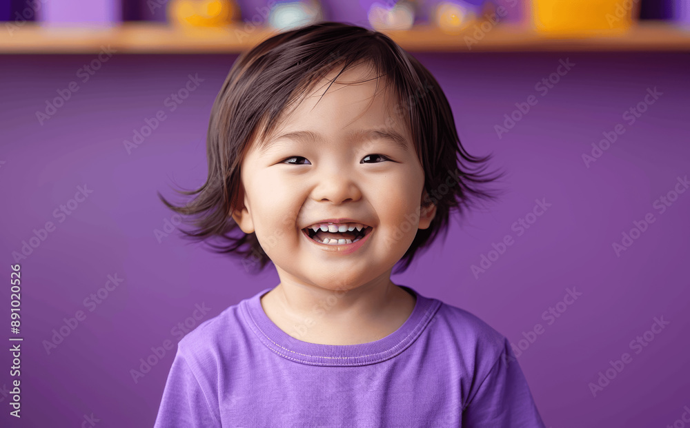 Happy laughing Asian toddler boy in purple t-shirt isolated on violet background