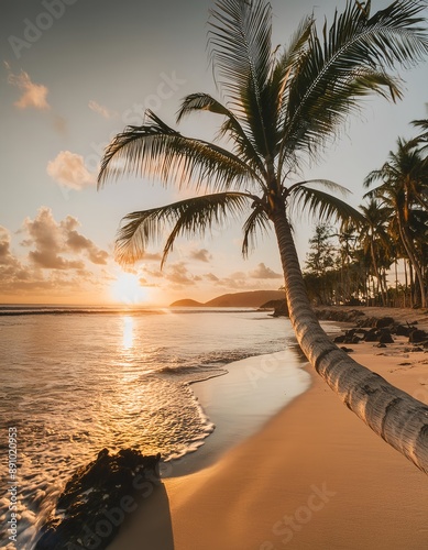 The sunset view on the beach with a single coconut tree 