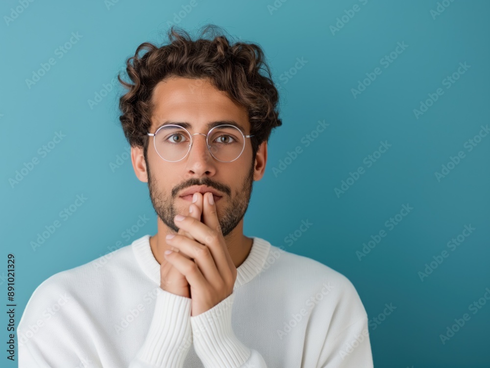 Um homem em fundo azul com expressão analisadora e pensativa Um homem em fundo azul com expressão analisadora e pensativa