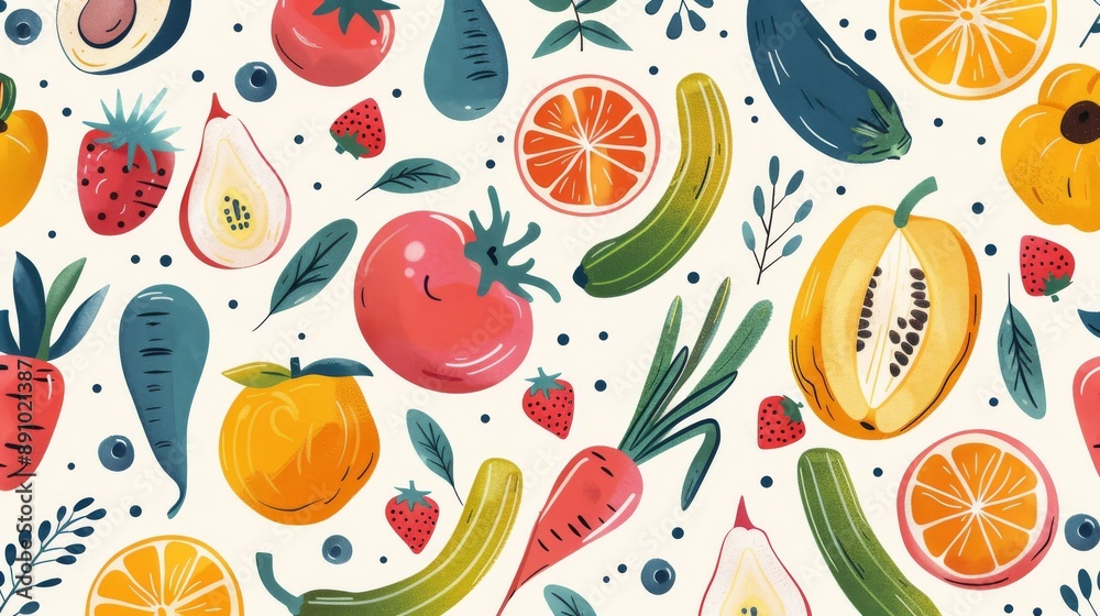 Vector illustration of fresh vegetables and fruits, creating a colorful and vibrant seamless pattern for kitchen decor Vector illustration of fresh vegetables and fruits, creating a colorful and vibrant seamless pattern for kitchen decor