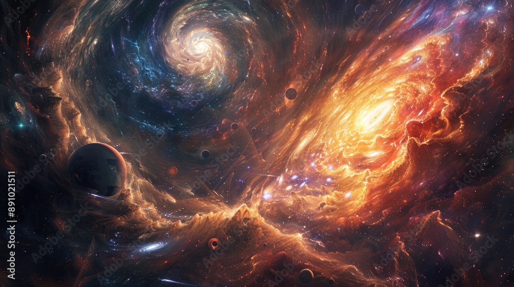 Ethereal spirits of time and space engaged in a celestial battle amidst swirling galaxies and cosmic phenomena. Ethereal spirits of time and space engaged in a celestial battle amidst swirling galaxies and cosmic phenomena.