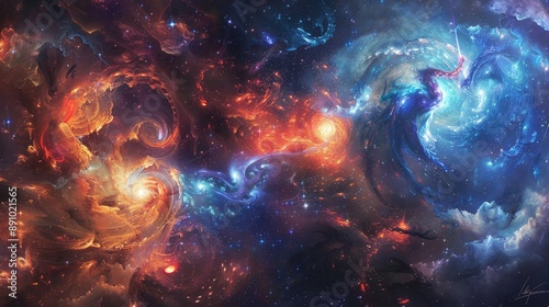 Ethereal spirits of time and space engaged in a celestial battle amidst swirling galaxies and cosmic phenomena.