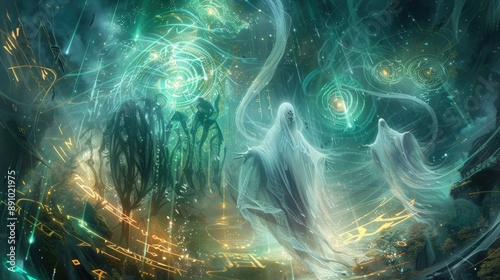 Ghostly wraiths of light and shadow clashing in an ethereal plane, surrounded by swirling auroras and mystical runes.