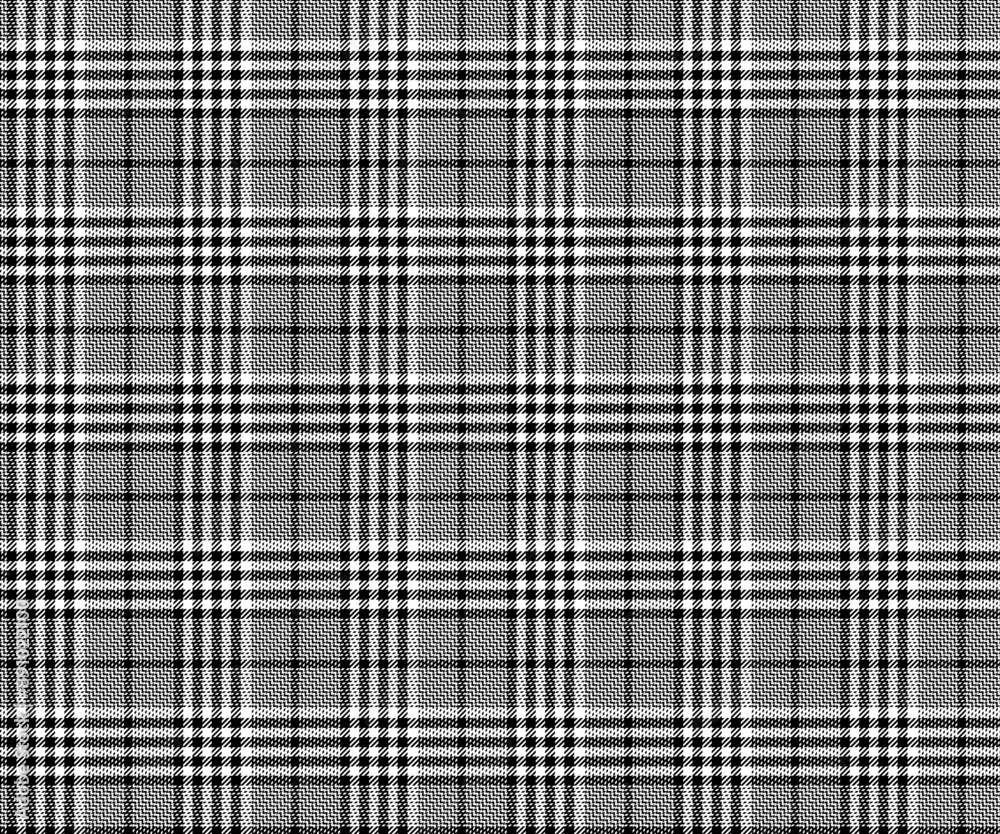 Plaid fabric pattern, black, white, seamless for textiles and design of clothing, skirts, pants, aprons, blankets or decorative fabrics. Vector illustration.