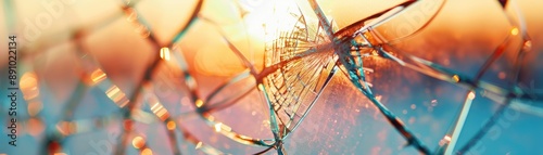 A shattered window with a sun shining through it. The sun is setting and the light is casting a warm glow on the broken glass. The scene is both beautiful and eerie