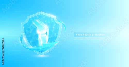 Knee joint bone style polygonal in shield glowing surrounded by blue arrows. Medical science protection symbol. Health care concept. Banner vector EPS10.