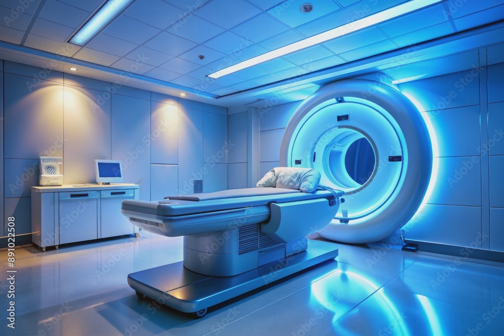 Modern medical imaging equipment fills a dimly lit room with soft blue tones, a sleek MRI machine at its center, awaiting a patient's scan.