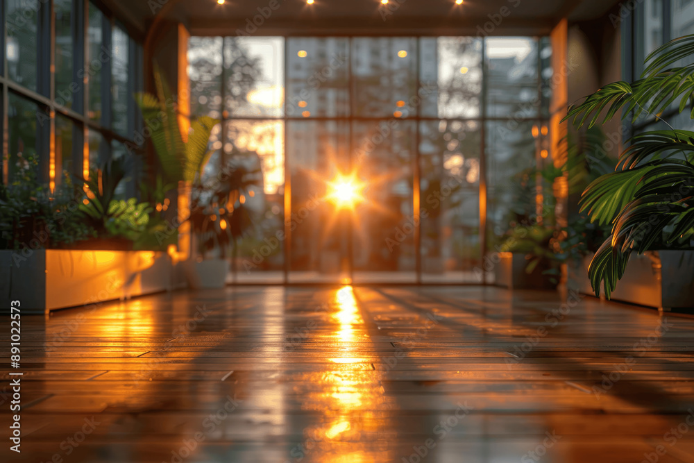 Fototapeta premium Modern Office Interior Design with Glass Walls, Wooden Panels, and Sunlight Exposure