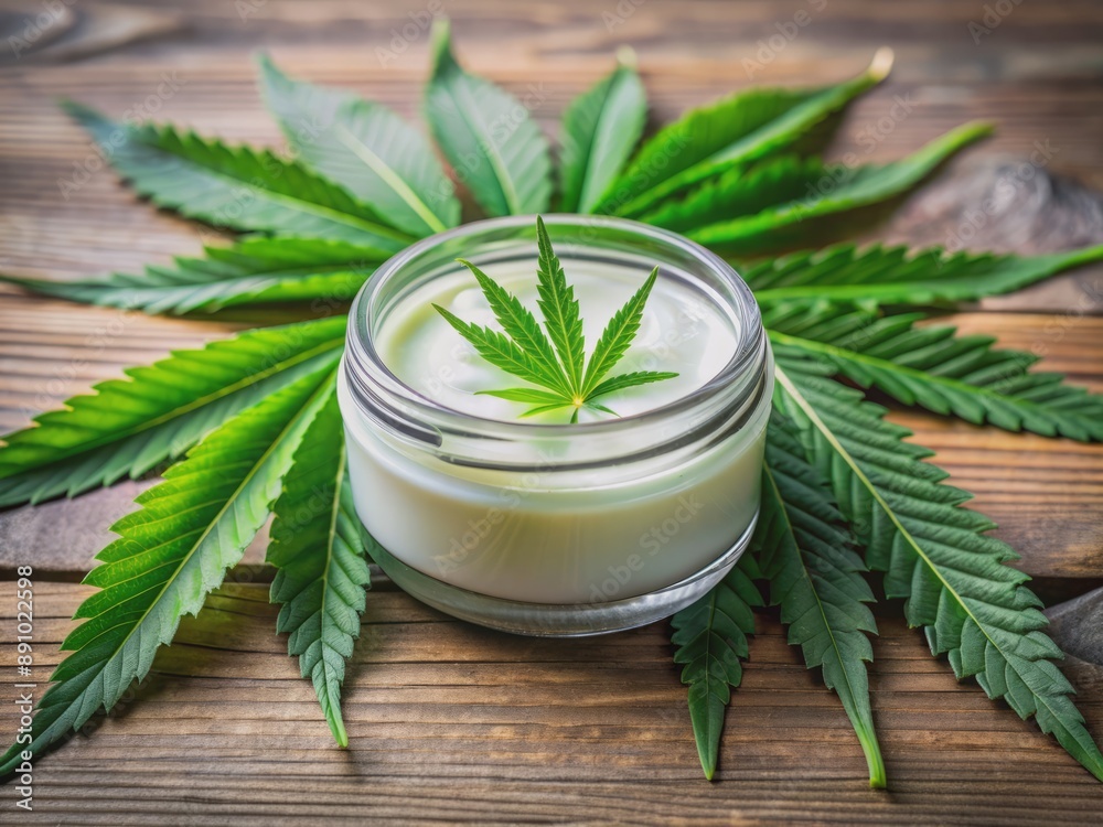 Fresh green marijuana leaves surround a jar of creamy CBD topical treatment, emphasizing natural wellness, skincare, pain relief, and anti-inflammatory properties of cannabis-derived products. Fresh green marijuana leaves surround a jar of creamy CBD topical treatment, emphasizing natural wellness, skincare, pain relief, and anti-inflammatory properties of cannabis-derived products.