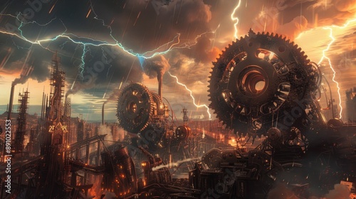 Mechanical behemoths of gears and steam clashing in a dystopian cityscape under a sky ablaze with digital lightning.