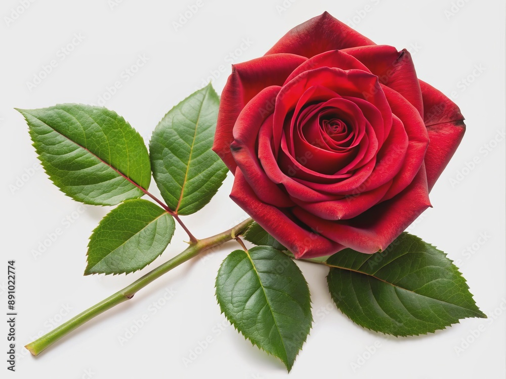 Beautiful long stem red rose with lush green leaves isolated on a clean ...