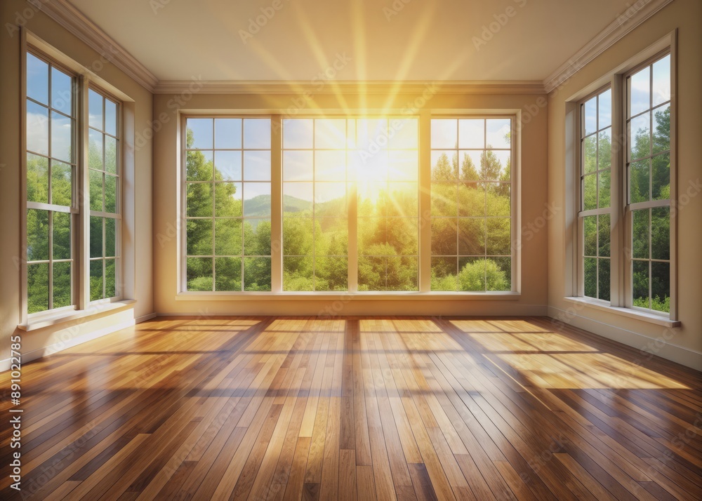Obraz premium Natural light pours through the window, casting a warm glare on the wooden floor, illuminating the empty room with a sense of simplicity and elegance.