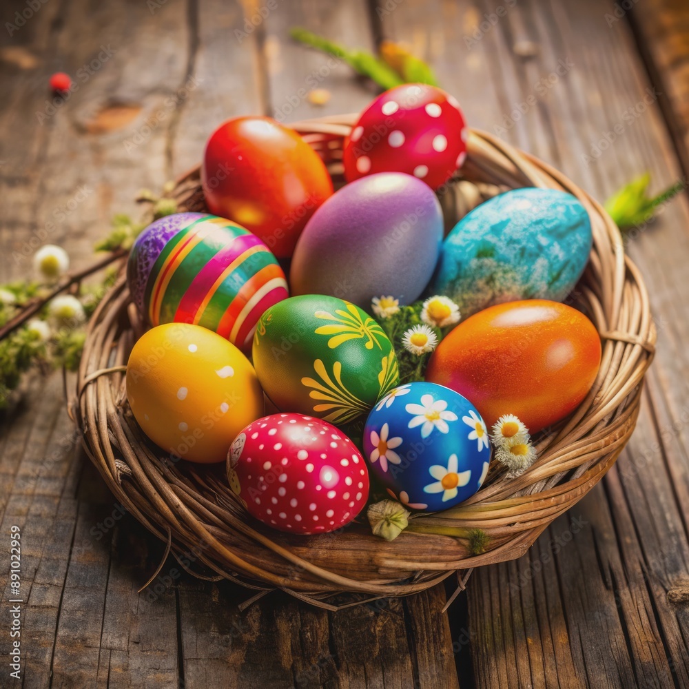Vibrant colored Easter eggs arranged artfully on a rustic wooden background, perfectly capturing the festive spirit of the spring holiday celebration. Vibrant colored Easter eggs arranged artfully on a rustic wooden background, perfectly capturing the festive spirit of the spring holiday celebration.