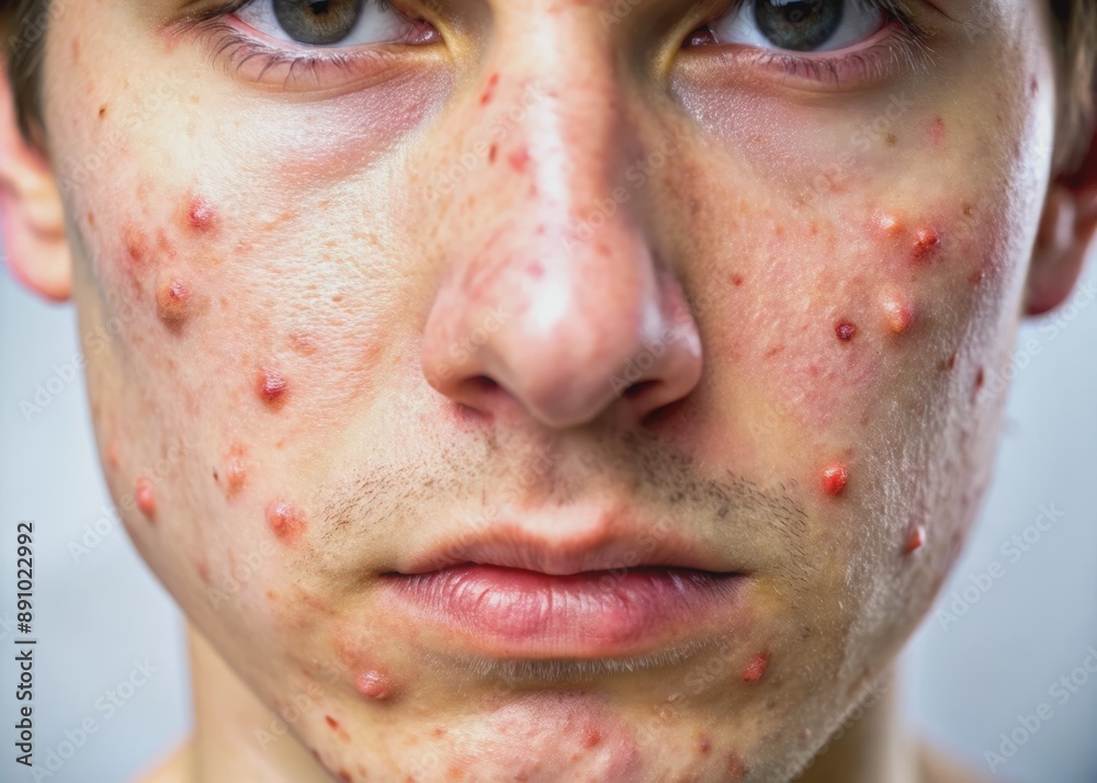 Close-up of irritated skin with severe acne, redness, and inflammation, showcasing whiteheads, blackheads, and painful cysts on a troubled complexion. Close-up of irritated skin with severe acne, redness, and inflammation, showcasing whiteheads, blackheads, and painful cysts on a troubled complexion.