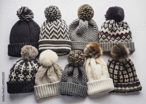 Assorted black and white knitted hats with different textures and patterns are artfully arranged on a clean white background, showcasing winter fashion accessories. photo