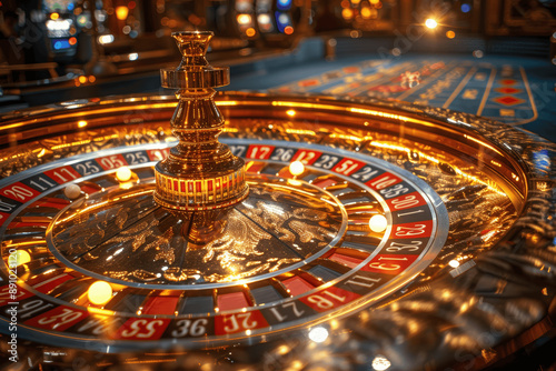 Stunning Night Casino Scene with Roulette Wheel and Golden Lighting, Cinematic Effects and Intricate Details