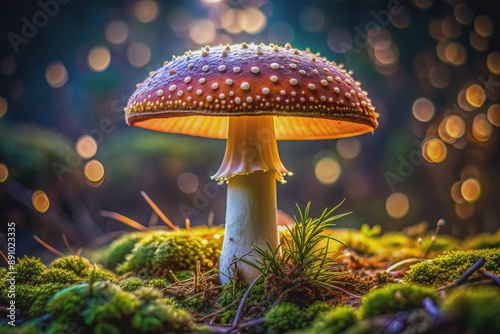 Delicately illuminated, intricately detailed, and perfectly isolated, a single majestic mushroom stands alone on a transparent background, showcasing its earthy tones and velvety texture. © DigitalArt Max