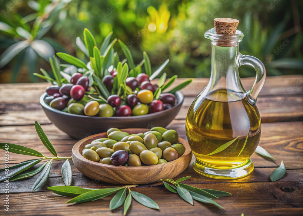 Freshly harvested olives and lush greenery adorn a rustic wooden table, accompanied by a elegant glass bottle filled with golden olive oil. Freshly harvested olives and lush greenery adorn a rustic wooden table, accompanied by a elegant glass bottle filled with golden olive oil.