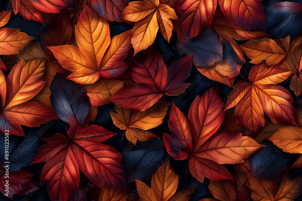Abstract Seamless Pattern of Autumn Leaves in Shades of Orange, Red, and Yellow on Dark Background Abstract Seamless Pattern of Autumn Leaves in Shades of Orange, Red, and Yellow on Dark Background
