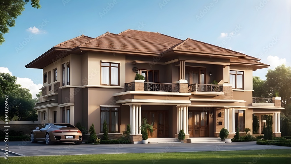 Big luxury mansion house exterior design, car parking space with a lawn, front elevation architecture design, full brown theme, real estate, bright sunny day Big luxury mansion house exterior design, car parking space with a lawn, front elevation architecture design, full brown theme, real estate, bright sunny day