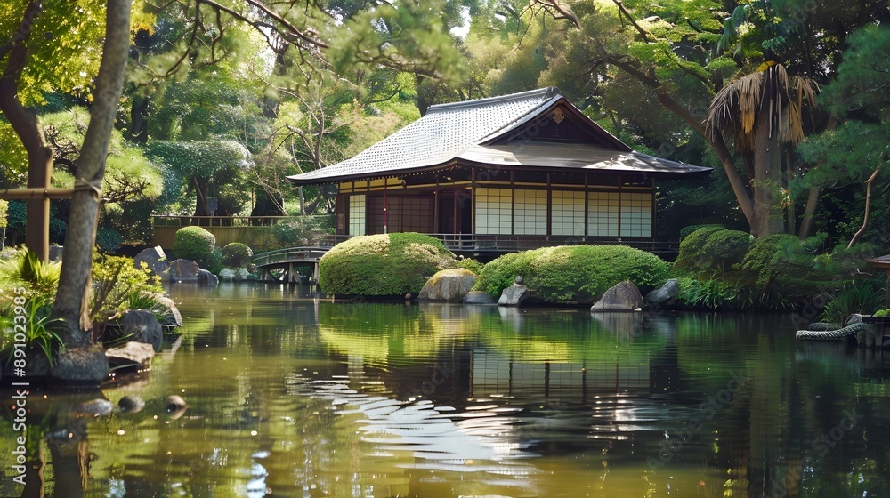 Obraz premium Tranquil Japanese Tea Garden with Traditional Tea House and Serene Pond Reflection