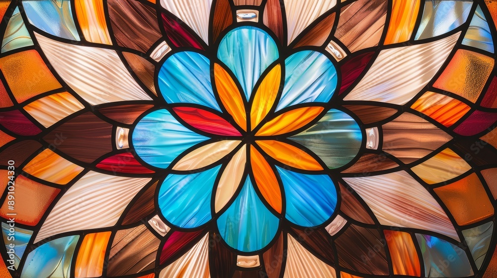 Elegant stained glass window with circular motifs, intricate geometric details, and vibrant jewel tones